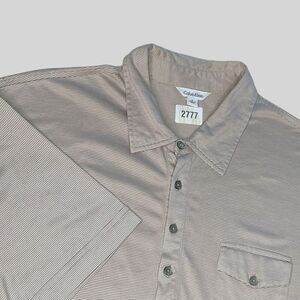 Calvin Klein Polo Shirt Mens Large White Beige Grey‎ Stripe Cotton Short Sleeve